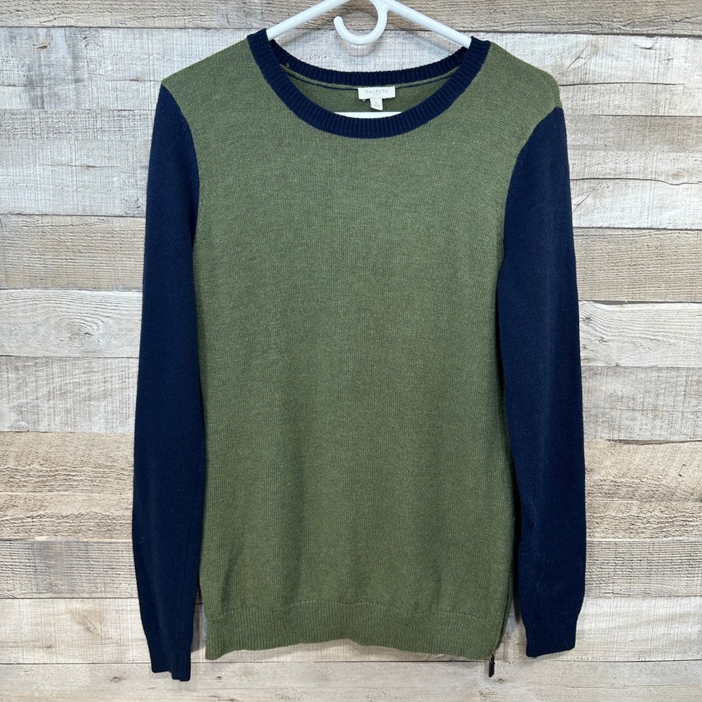 Talbots Womens Colorblock Wool Blend Sweater Olive Green Navy Blue‎ Size Small
